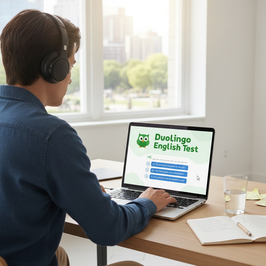 Duolingo English Test preparation at home with laptop