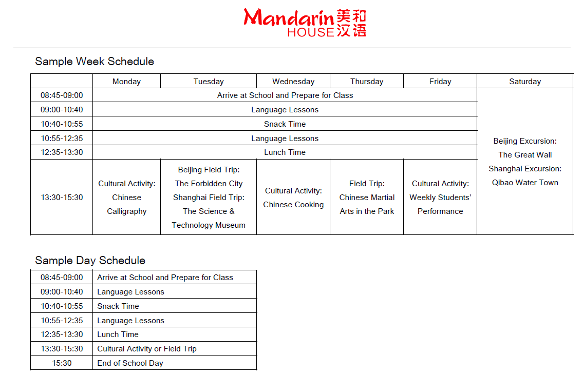 Example daily routine at Mandarin House